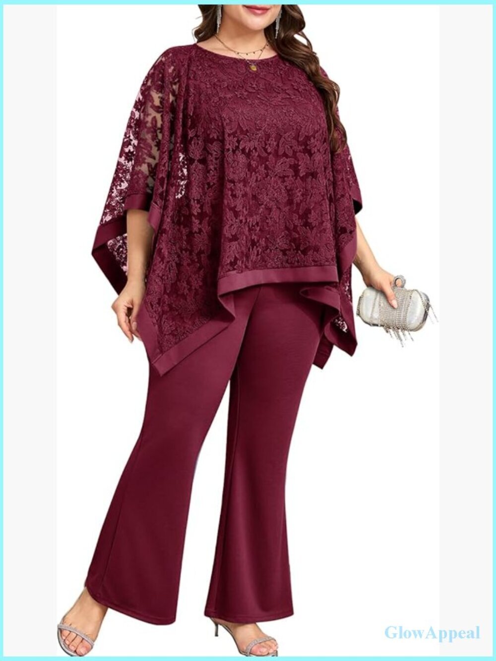Plus Size Formal Mother of Bride Pant Suit 2 Piece Lace Cape Set